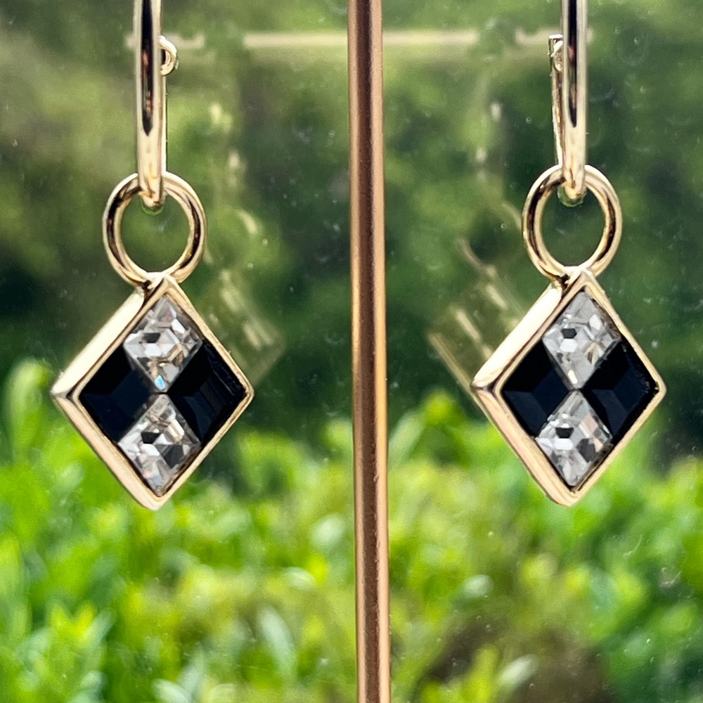 Gold Charm Earrings with Black and Clear Diamond Shape